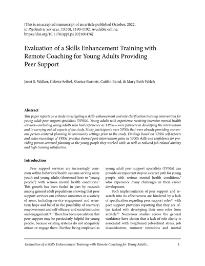 Evaluation of a Skills Enhancement Training with Remote Coaching for Young Adults Providing Peer Support